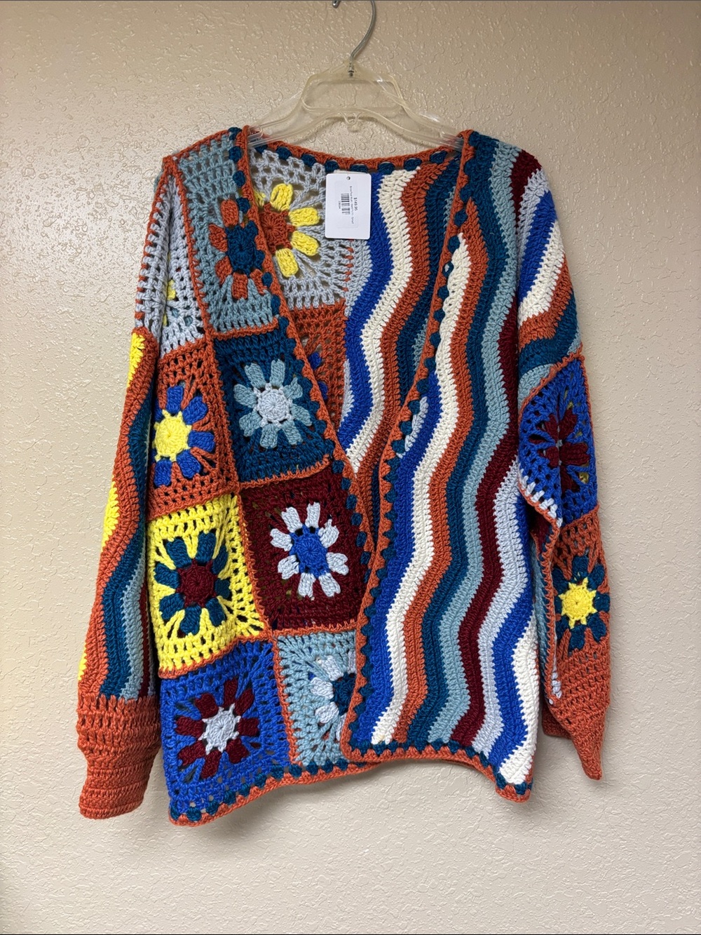 Willow Tree Multicolor Crochet Patchwork Cardigan in Blue, Rust, Yellow, Cream